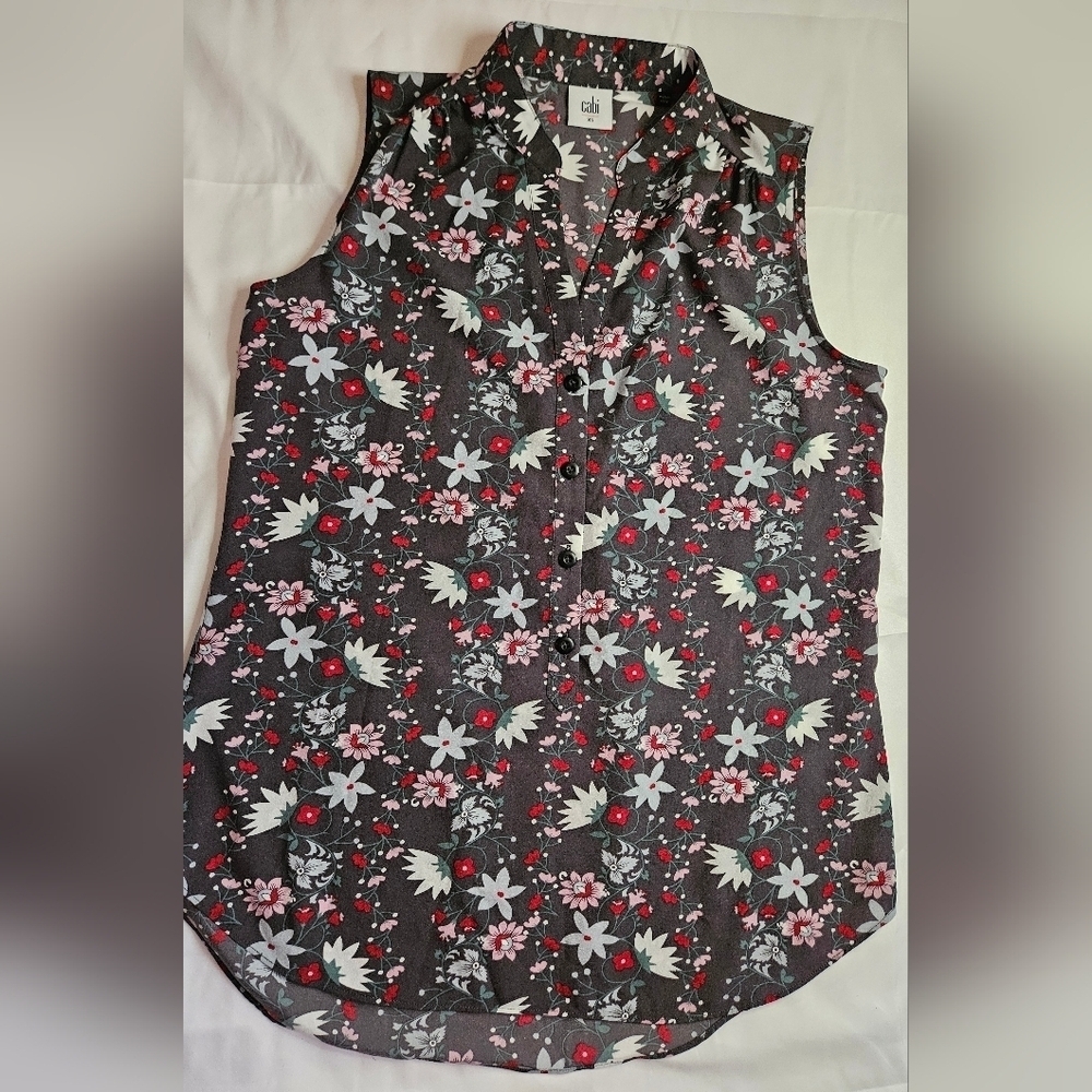 Cabi Womens Gray Floral Sheer Button Up Sleeveless Top Size XS